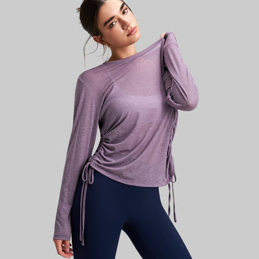 Round Neck Yoga Long Sleeve Drawstring T shirt Loose Breathable Fitness Running Top